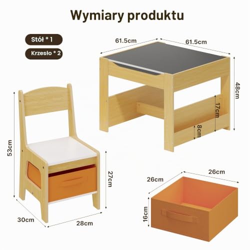 Xbro Stolik dziecięcy z krzesełkiem 4 w 1, zestaw mebli dla dzieci z odwracalnym blatem i tablicą, biurko z 2 pojemnikami i regałem, duża przestrzeń do przechowywania, naturalne drewno