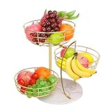 Livabber Fruit Basket Bowl with Banana Hanger, Metal Fruit Vegetable Storage Basket with Banana Holder for Kitchen Counter, Detachable Organizer for Bread Snack Produce (Gold, 3-Tier Marble Base)