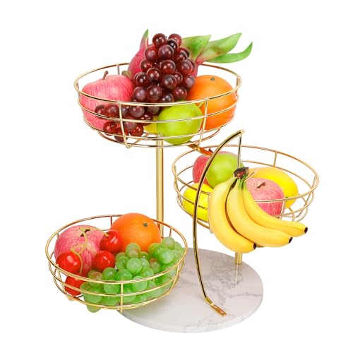 Livabber Fruit Basket Bowl with Banana Hanger, Metal Fruit Vegetable Storage Basket with Banana Holder for Kitchen Counter, Detachable Organizer for Bread Snack Produce (Gold, 3-Tier Marble Base)