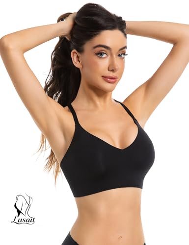 Image of Lusait Lace Bralettes for Women Full Coverage Sexy No Underwire Deep V Racerback Bra Comfort Padded Bras