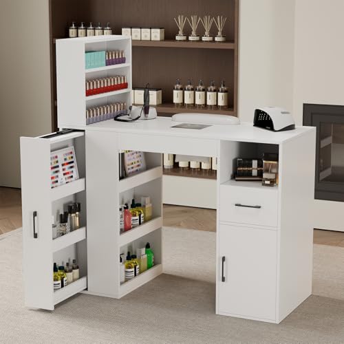 GOFEI Professional Nail Desk for Nail Tech with Storage Cabinet and Fan – Modern Nail Table for...