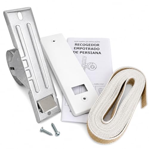 Recogedor de Persiana Empotrado con Frontal de Aluminio Blanco y Cinta Bicolor 18 mm, Mecanismo de Repuesto para Persiana Enrollable con Tornillos y Guía de Montaje, Enrollador de Embutir/Encastrar