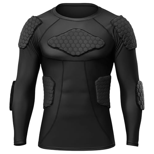 Padded Football Training Shirt, Men's Long Sleeve Honeycomb Protective Base Layer, Impact Resistant Training Gear Black