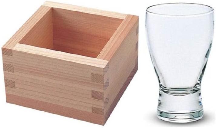 Happy Japanese Masu and Glass Sake Set - Wooden Square Cups and Cold Glass for Sake