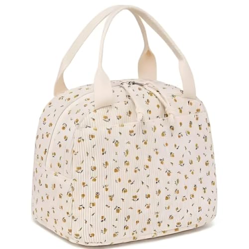 Corduroy Insulated Lunch Tote with Front Pocket for Women & Men Leakproof Reusable Meal & Food Bag, Large Capacity for Office, Picnic & Travel Beige Flower