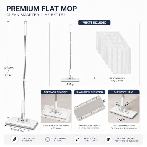 Mop With Pressure Clamp System 123cm Mop With Pressure Clamping System Mini Mops no Need to Wash 20 dry Sweeping Cloths for Cleaning Various Surfaces, Including Floors, Walls and Ceilings - Image 2