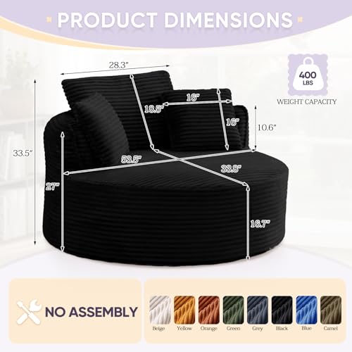 Image of Antetek 53.5-inch Round Chair, Modern Accent Corduroy Comfy Deep Seat Boneless Foam Floor Single Circle Chaise Sofa Chair with 3 Pillows for Living Room Bedroom Office, No Assembly Required, Black