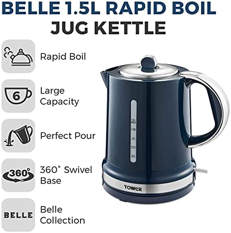 Tower T10049MNB Belle Jug Kettle with Rapid Boil, 1.5 Litre, 3000 W, Midnight Blue