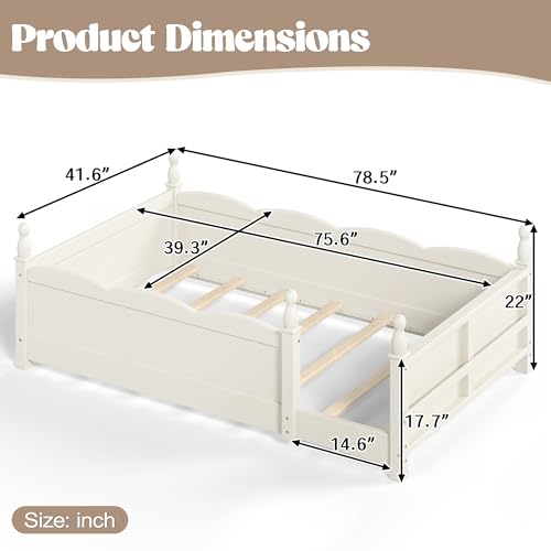 Image of Bellemave Twin Size Montessori Floor Bed Frame with High Fence, Solid Wood Kids Floor Bed with Bookshelf, Low Profile Bed for Boys & Girls, Childlike Design,Beige