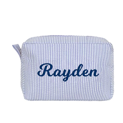 MT WORLD Cosmetic Bag Personalized Makeup Bag Seersucker Preppy Bridesmaid Makeup Bag Aesthetic Cute Women Toiletry Bag Girls Handbags Purses (Blue)