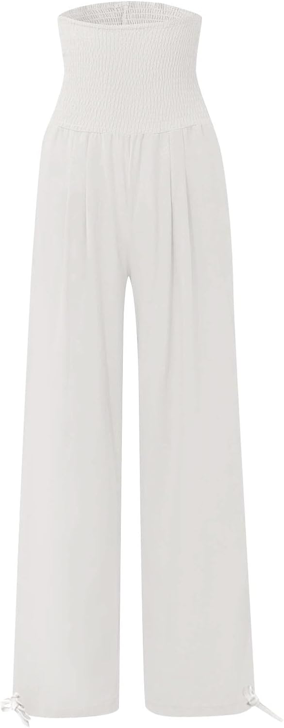 Women's Wide Leg Linen Pants Summer High Waisted Boho Beach Flowy Pant Casual Vacation Outfits Lounge Trousers