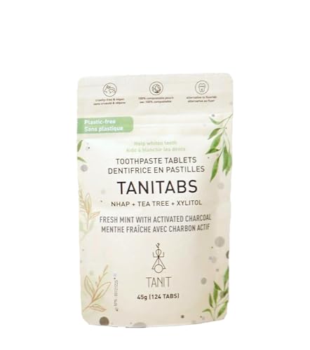 TANIT - TANITABS Dentifrice au charbon de bois à la menthe fraîche – 124 comprimés – Végétalien, sans fluorure et respectueux de l'environnement – Saveur naturelle de menthe fraîche – Soin des