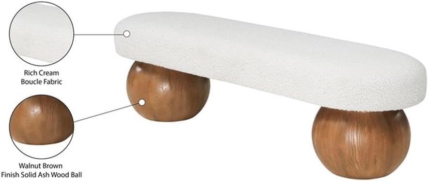 Pemberly Row Contemporary Boucle Fabric Bench, 59.5" W x 18" D x 17" H, Rich Cream Upholstery, Solid Ash Wood Walnut Ball Legs, Art Deco Design Accent Seating for Living Room or Bedroom