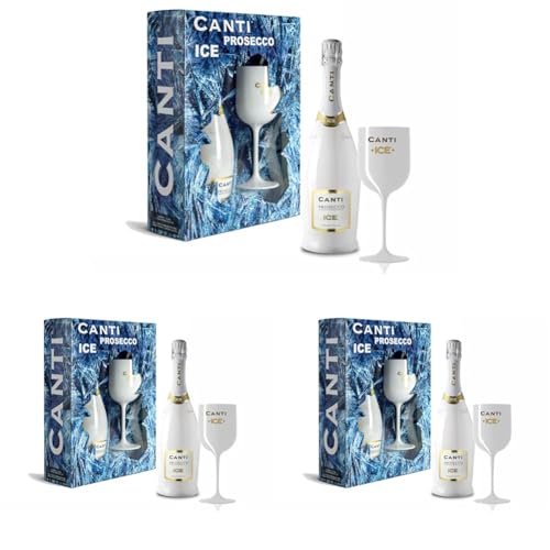 Canti - Prosecco D.O.C. Ice, Vino Espumoso Semiseco, Caja Regalo Con Copa, Uva Italiana Glera De Veneto, Sabor Crujiente Y Afrutado, 1x750 Ml Paquete De 3