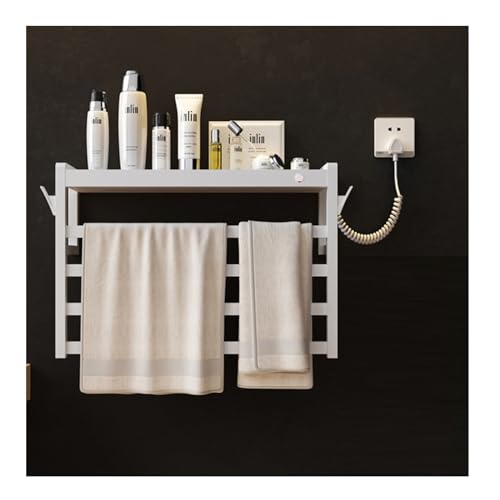 KLGFBDC Toallero eléctrico calefactable para baño, con Estante Superior y Doble Gancho, tendedero de Pared con Temporizador y termostato Inteligente, Blanco, línea Derecha