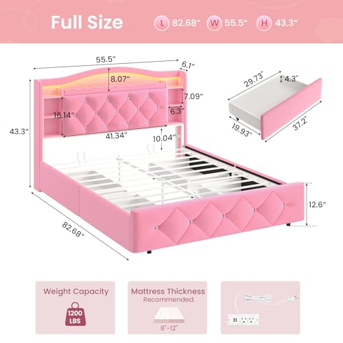 Image of DICTAC Full Size Bed Frame for Girls with 4 Storage Drawers, Bookcase Headboard, LED Lights and Power Outlets, Diamond Tufted Velvet Upholstered Princess Platform Bed, Heavy-Duty Metal Support, Pink
