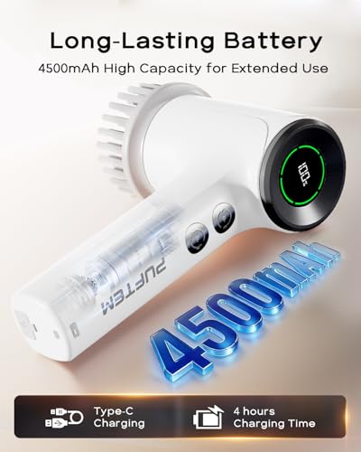 Image of PUFTEM Shower Scrubber, Electric Spin Scrubber for Bathroom Cleaning - Cordless Shower Cleaner Brush with 6 Brush Heads, Dual-Direction Rotation, for Grout, Tile, Tub, Sink & Corners, White