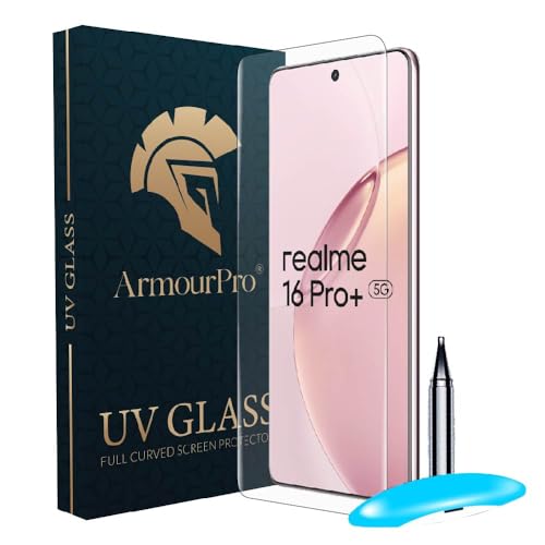 Image of ArmourPro UV Glue Tempered Glass for Realme 16 Pro Plus - Curved Screen Protector, 9H Anti Scratch, Edge-to-Edge Coverage, HD Clarity, Smooth Touch