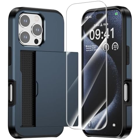 ZUSLAB Card Holder Slot Case Compatible with Apple iPhone 16 Pro Max 6.9 Inches, Phone Wallet Case with 1 Tempered Glass Screen Protector, Shockproof Rubber & PC Bumper Cover for Women Men, Dark Blue Cover