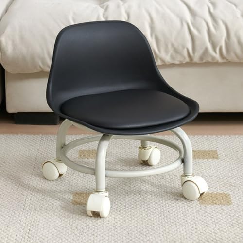 Taburete rodante con soporte trasero, asiento de plástico de perfil bajo y piel sintética, silla móvil con ruedas para oficina, hogar, jardín y garaje