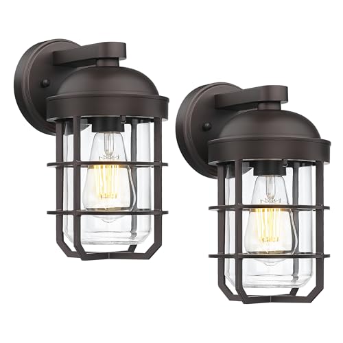 Image of Emliviar 2 Packs Outdoor Wall Lamps, Patio Wall Lighting Waterproof with Clear Tempered Glass, Vintage Exterior Lights in Oil Rubbed Bronze Finish, GE255BL-2PK ORB