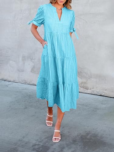 Image of Theenkoln Womens Casual Midi Dress: Short Sleeve V-Neck Empire Waist Gingham Spring Fashion Long Trendy Tiered Formal Dresses