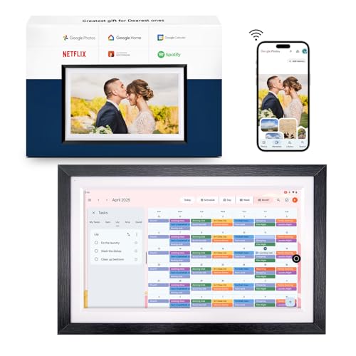 All-in-one Smart Display Built-in Li-Battery|Google Digital Calendar,Picture Frame with Anti-Glare Touchscreen,Voice Assistant,Homehub|Wall-Mount or Desktop|Speakers|No Subscription (15.6-Inch Walnut)