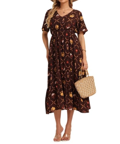 Image of Women's Summer Short Sleeve Maxi Floral Flowy Dresses with Pockets