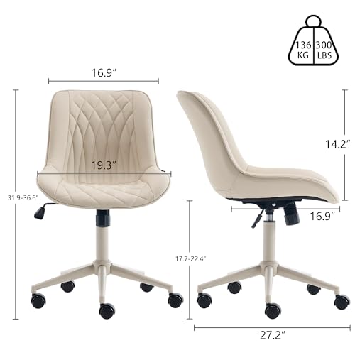 Image of YOUNIKE Faux Leather Office Desk Chair Comfy Vanity Chair Armless Cream | Ergonomic Upholstered Rocking Back, Swivel with Wheels, Height Adjustable, Modern Task Chair For Computer Sewing Drafting