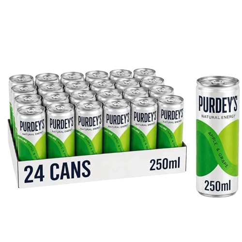 Purdeys Natural Energy Apple & Grape 250ml Can (Pack of 24) Natural caffeine from Black Tea similar to Purdeys Rejuvenate drink. Contans Vitamin B12 Niacin B6 & C - Reduces Tiredness & Fatigue