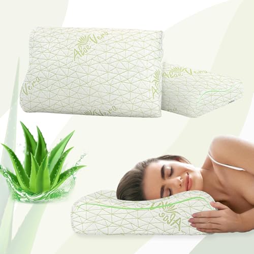 Image of AYKA Aloevera Cervical Memory Foam Pillow for Neck & Shoulder Pain Relief | Orthopedic Contour Pillow for Sleeping & Spinal Alignment | Ergonomic Support | 2-Year Warranty (Set of 2)