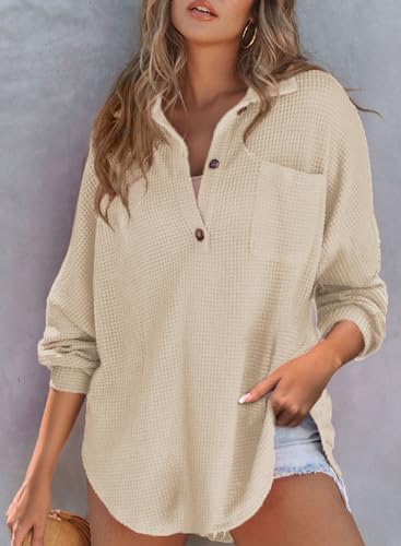 Astylish Women Waffle Knit Tops Henley Shirts Long Sleeve V Neck Solid Color Casual Tunic4