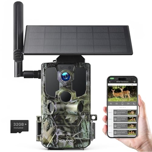 WOLFANG 4G LTE Cellular Wildkamera Solarbetrieben, 7800 mAh Akku, 2,5 K Mobilfunkkamera mit App-Steuerung, integrierte SIM-Karte, Nachtsicht, 0,2 s Trigger, bewegungsaktiviert, wasserdicht, Schwarz