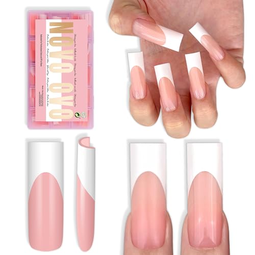 NOVO OVO Long Sharp Square White French Tip Nail Tips Press on BABY PINK, Extra Thick NEED Builder Gel & Top Coat & Glue, Soft Gel full Cover False Fake Nail Extension for Salon DIY x 15 Sizes 180 pc