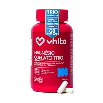 Vhita Magnesio Quelato Trio, Dimalato, Bisglicinato e Taurato, com Vitamina B6, 60 Cápsulas