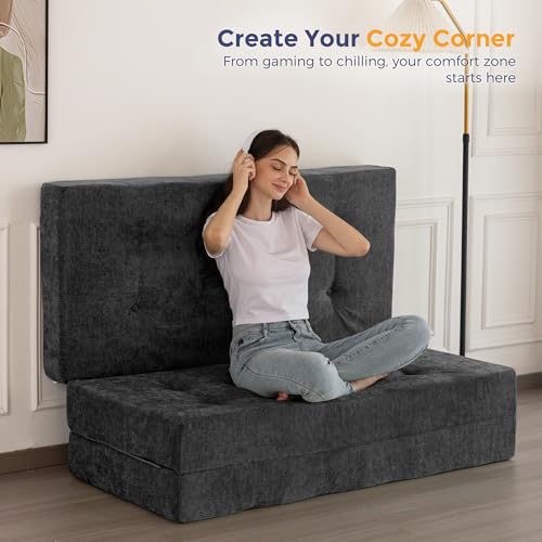 Image of MAXYOYO 6 inch Folding Sofa Bed for Floor, Tufted Tri-Fold Floor Mattress with Chenille Fabric, Full Size Portable Sofa Couch Guest Mat for Adults, Foldable Topper for Camping, Dark Grey, 53 inchx75 inch