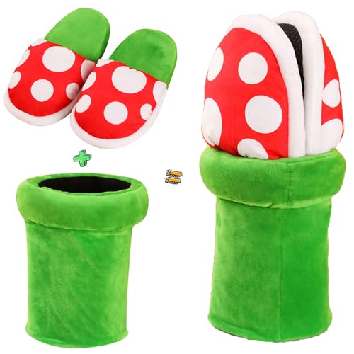 Piranha Plant Slippers Piranha Plants Plush Slippers Mushroom Slippers with Holder Piranha Plants Plush Funny Slippers with Pipe Pot Holder Funny Gifts for Women Men Teens (One Size, Slippers)
