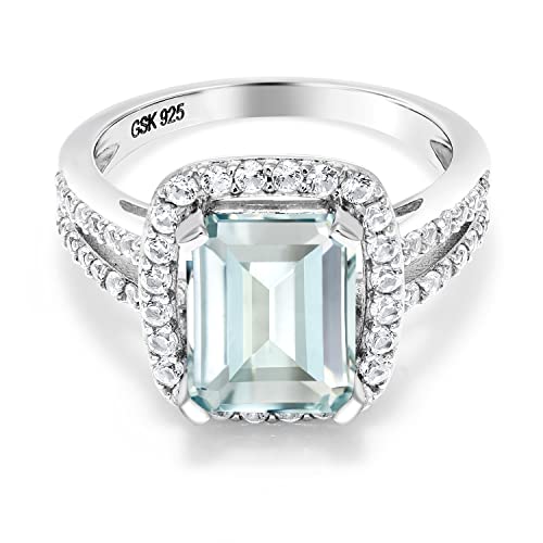 Gem Stone King 3.68 Cttw Sky Blue Simulated Aquamarine Engagement Ring For Women | 925 Sterling Silver | Emerald Cut 10X8MM | Available In Size 5,6,7,8,9