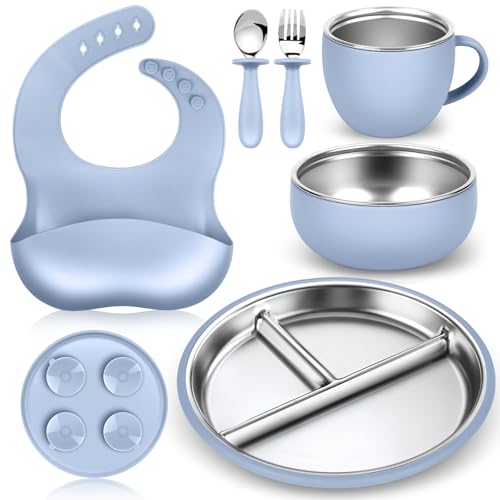Stainless Steel Toddler Plates & Bowls Set with Silicone | 6-Piece Baby Feeding Essentials BPA-Free Durable Divided Suction Plate, Bowls, Cups, Bibs, Spoon & Fork for 6+ Months Dishwasher Safe