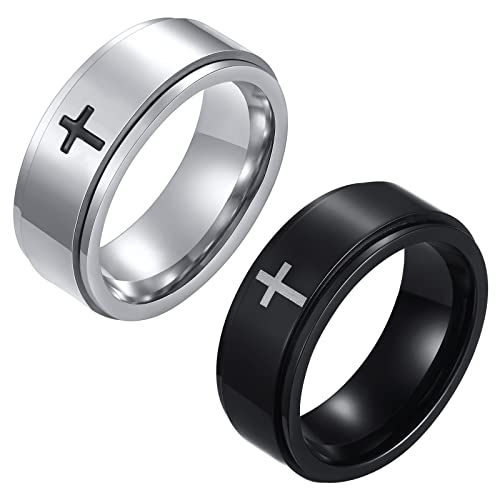 JewelryWe 2Pcs Spinner Rings for Men Anxiety Stress Relieving Fidget Ring Stainless Steel Cross Wedding Promise Band, Size 7-12