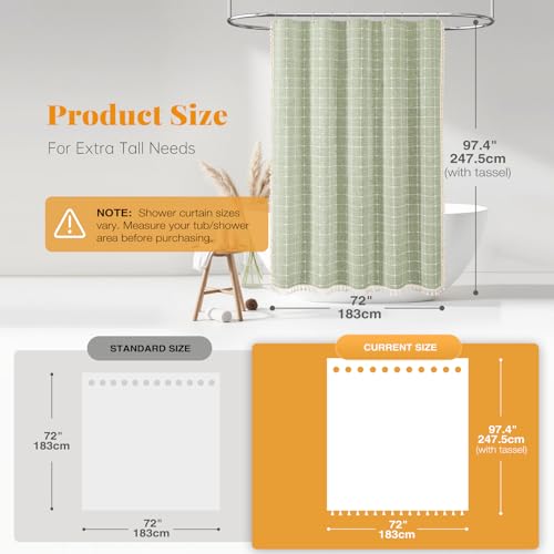 Image of BTTN Extra Long Shower Curtain - 72x96 Inch Long Large Boho Linen Fabric Shower Curtain Set with Plastic Hooks, Tall Bohemian Farmhouse Rustic Vintage Cloth Shower Curtains for Bathroom - Sage Green