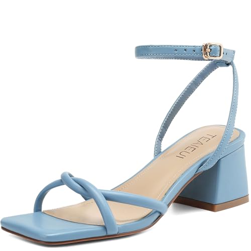Image of TEAIEUI Chunky Heels for Women, Square Open Toe Heeled Sandals, Strappy Ankle Strap Shoes for Dress, Party, Prom, Block Low Heel 2 inch