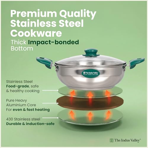 Image of The Indus Valley Stainless Steel Impact Bonded Kadai 2.4 litres | Even Heating Cookware | Induction-Friendly | Heat-Resistant Handle | 100% Toxin-Free | Suitable for Gas & Induction Cooking