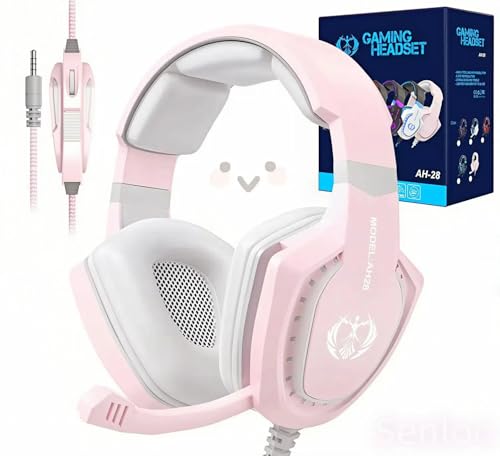 SENLOO Pink Gaming Headset with Mic for PC Computer Mac Laptop, Over-Ear Wired Gaming Headphones with Microphone, Volume Control, Compatible with PS4 Xbox PS5 Controller Phone