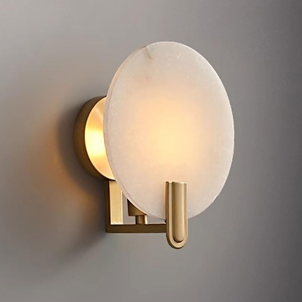 KXKLGWHN 9in Round Marble Wall Lamp, Medieval Minimalist Style Hard Wire Connection Wall Sconce, Natural Alabaster Interior Wall Light, Bedside Living Room Staircase Decorative Lighting Fixtures
