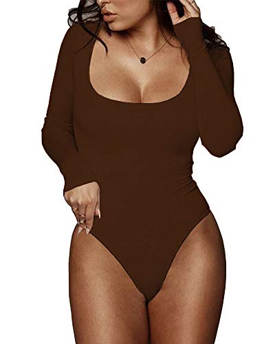 BelleLovin Women's Square Neck Long Sleeve T-Shirt Basic Bodysuit Jumpsuits (Brown, Small)