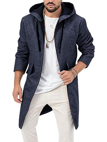 Image of ZIWOCH Mens Trench Coat Wool Blend Hoodie Long Jacket Full Zip Winter Classic Business Overcoat