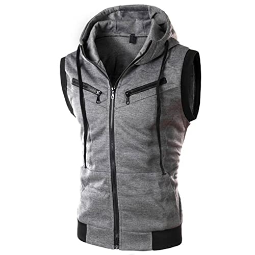 Previn Men's Sleeveless Hoodie Casual Slim Fit Zip Up Drawstring Plain Tank Top Hooded Vests