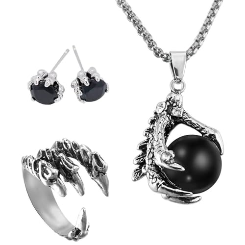 EQLEF Dragon Claw Jewellery Set, Gothic Dragon Claw necklace Alloy/Dragon Stud Earrings/Mens Dragon Ring Gift for Punk Lovers(3 pcs)