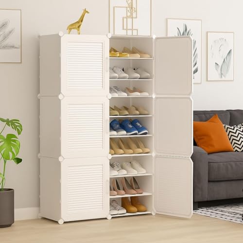 Image of Sunderlook Shoe Rack Plastic for Home- Shoe Stand, Chappal Stand, Professional Multipurpose Foldable Standing Comfort Runner Shoe Rack with Door, Slipper Stand (White, 18 Shelf 6 Door)